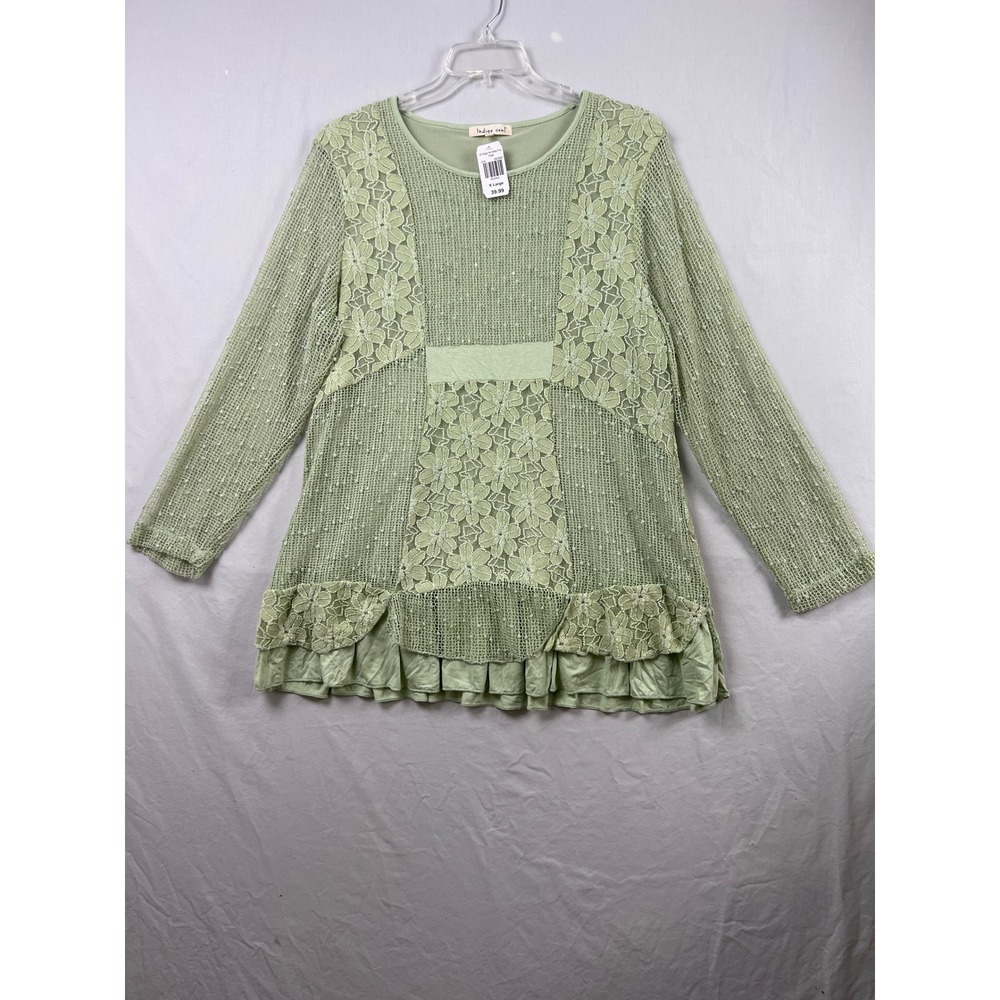 Indigo Soul Tunic Top Womens XL Sage Green Floral Lace Mesh Ruffle Boho New